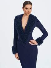 Load image into Gallery viewer, Romina Navy Plunging Fur Trimmed Crochet Maxi Dress
