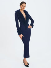 Load image into Gallery viewer, Romina Navy Plunging Fur Trimmed Crochet Maxi Dress
