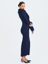Load image into Gallery viewer, Romina Navy Plunging Fur Trimmed Crochet Maxi Dress
