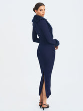 Load image into Gallery viewer, Romina Navy Plunging Fur Trimmed Crochet Maxi Dress
