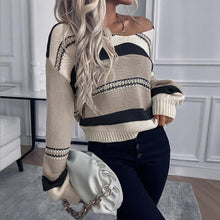 Load image into Gallery viewer, Women's French Vintage Striped Sweater | V-Neck Long Sleeve Stretch Knit Top
