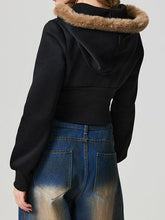 Load image into Gallery viewer, Black Fuzzy Hem Hooded Zip-Up Jacket With Long Sleeves and Casual Style Jacket
