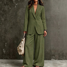 Load image into Gallery viewer, Women's Linen-Look Single-Button Blazer &amp; Wide-Leg Trouser Suit Set
