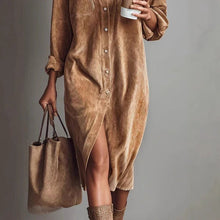 Load image into Gallery viewer, Women's Corduroy Long Sleeve Shirt Dress – Turn-Down Collar Button Front Midi with Pockets
