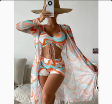 Load image into Gallery viewer, Mesh Cover-Up Three-Piece Swimwear Set – Bikini with Leg-Length Briefs

