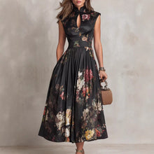 Load image into Gallery viewer, Black Digital Floral Print High-Waist Maxi Dress – Sleeveless Irregular Hem Long Dress
