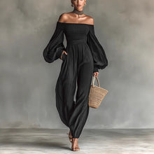 Load image into Gallery viewer, Women's Off-Shoulder Lantern Sleeve Pleated Loose Jumpsuit
