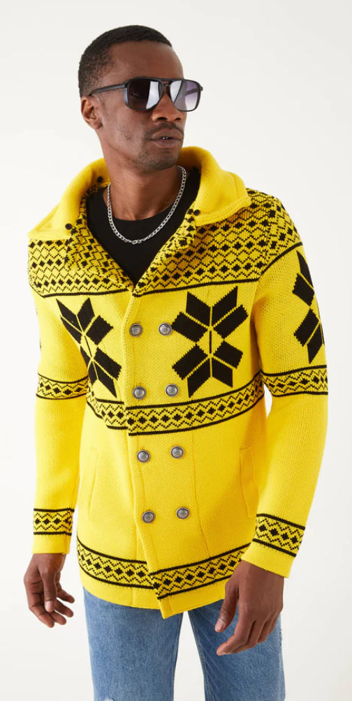 Lagos Red Exclusive Men's Yellow Patch Long Sweaters | Fur Collar LS84