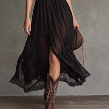 Load image into Gallery viewer, Women's Short Sleeve Bodycon Maxi Dress | Ruffled Hem Side Slit Dark Chic Dress in Black
