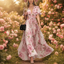 Load image into Gallery viewer, Women's Deep V-Neck Ruffle Sleeve Printed Maxi Dress – High Waist
