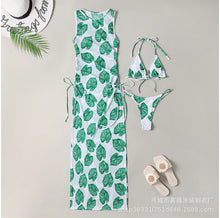 Load image into Gallery viewer, Women's Solid Color Three-Piece Bikini Set with Maxi Dress Cover-Up

