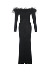 Load image into Gallery viewer, Emberly Black Fur Trimmed Off-Shoulder Rhinestone Mermaid Maxi Dress
