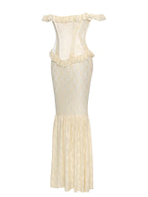 Load image into Gallery viewer, Ersilia Pale Yellow Satin Lace Peplum Corset Off Shoulder Maxi Dress
