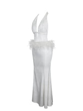 Load image into Gallery viewer, Solene Pleated Halter Backless Feather-Trim Maxi Dress
