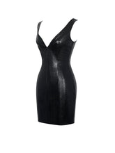 Load image into Gallery viewer, Quilia Black Vegan Crocodile Leather Plunge Mini Dress
