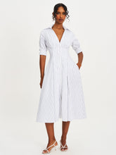 Load image into Gallery viewer, Palina Pinstripes Cotton Poplin Pleated Midi Preppy Shirt Dress
