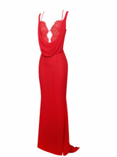 Load image into Gallery viewer, Ulanda Red Chiffon Lace Backless Maxi Train Dress
