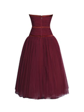 Load image into Gallery viewer, Mabel Burgundy Drop Waist Layered Mesh Midi Puffy Dress with Bow
