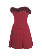 Load image into Gallery viewer, Nalia Crimson Fur Trimmed Sweetheart Mini Dress

