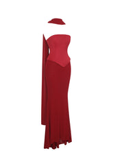 Load image into Gallery viewer, Giselle Crimson Peplum Mermaid Gown with Chiffon Scarf

