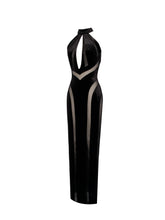 Load image into Gallery viewer, Paityn Black Velvet Mesh Cutout Halter Gown
