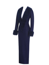Load image into Gallery viewer, Romina Navy Plunging Fur Trimmed Crochet Maxi Dress

