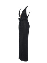 Load image into Gallery viewer, Olympia Black Belted Bow Plunging Rhinestone Maxi Dress
