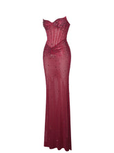 Load image into Gallery viewer, Fatima Burgundy Crystal Sleeveless Corset Mermaid Maxi Dress
