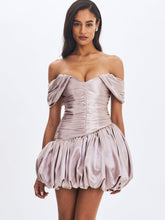 Load image into Gallery viewer, Milena Champagne Ruched Asymmetrical Bubble Mini Dress
