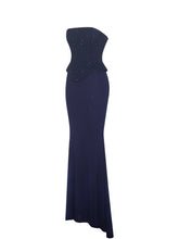 Load image into Gallery viewer, Orabelle Navy Beaded Peplum Mermaid Maxi Gown with Lace-up Back
