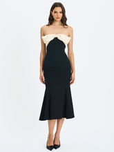 Load image into Gallery viewer, Saige Black Mermaid Midi Dress with Ivory Bow Bustline
