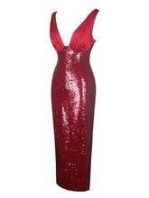 Load image into Gallery viewer, Shanelle Crimson Sequin Plunging Midi Dress
