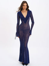 Load image into Gallery viewer, Ilyse Navy V-Neck Plunge Animal Print Mermaid Hem Maxi Dress
