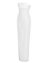 Load image into Gallery viewer, Lainey White Satin Sequin Pearls Beaded Maxi Dress
