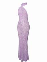 Load image into Gallery viewer, Olena Purple Burnout Velvet Animal Print Mesh Halter Neck Maxi Dress
