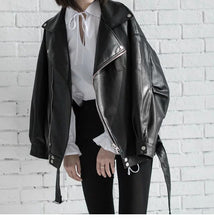 Load image into Gallery viewer, PU Faux Leather Jacket Women Loose Sashes Casual Biker Jackets Outwear Female Tops BF Style Black Leather Jacket Coat
