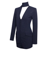 Load image into Gallery viewer, Tahlia Deep V Pinstripes Navy Blue Blazer Dress with scarf collar
