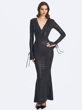 Load image into Gallery viewer, Ilysia Black V-Neck Plunge Snakeskin Mermaid Hem Maxi Dress
