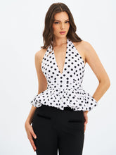Load image into Gallery viewer, Ilene White and Black Polka Dot Bubble Hem Halter Top
