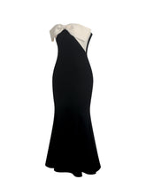 Load image into Gallery viewer, Saige Black Mermaid Midi Dress with Ivory Bow Bustline
