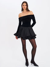 Load image into Gallery viewer, Magnolia Black Off-Shoulder Layered Satin Mini Dress
