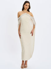 Load image into Gallery viewer, Quimera Almond Beaded Cape Halter Off-Shoulder Maxi Gown
