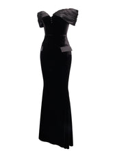 Load image into Gallery viewer, Qamra Black Velvet Off Shoulder Mermaid Maxi Dress

