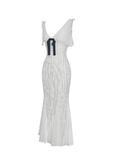 Load image into Gallery viewer, Paola White Peter Pan Collar Beaded Sequin Mermaid Midi Dress
