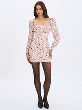 Load image into Gallery viewer, Perla Baby Pink Ruched Bust Velvet-Embossed Bow Mini Dress
