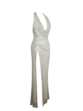 Load image into Gallery viewer, Niamh Golden Beaded Cowl Halter Backless Maxi Dress
