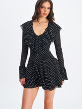 Load image into Gallery viewer, Omari Black Chiffon Polka Dot Ruffled Neckline Mini Dress
