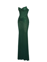 Load image into Gallery viewer, Fatima Green Crystal Sleeveless Corset Mermaid Maxi Dress
