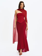 Load image into Gallery viewer, Giselle Crimson Peplum Mermaid Gown with Chiffon Scarf
