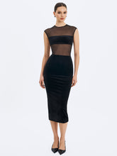 Load image into Gallery viewer, Quielle Black Mesh and Velvet Midi Bodycon Dress
